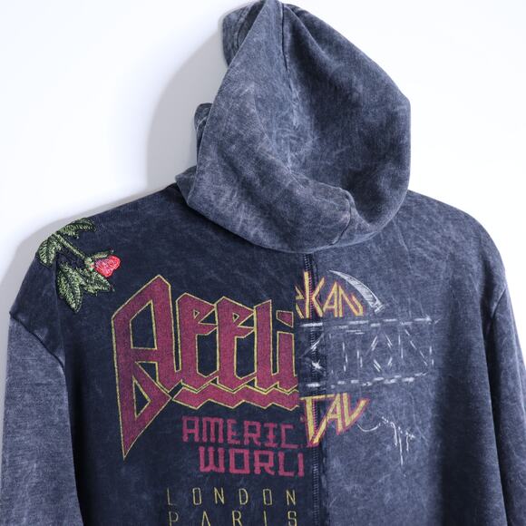 AFFLICTION Hysteria Graphic Hoodie Pullover Acid Black Embroidered Women's L - Picture 6 of 9